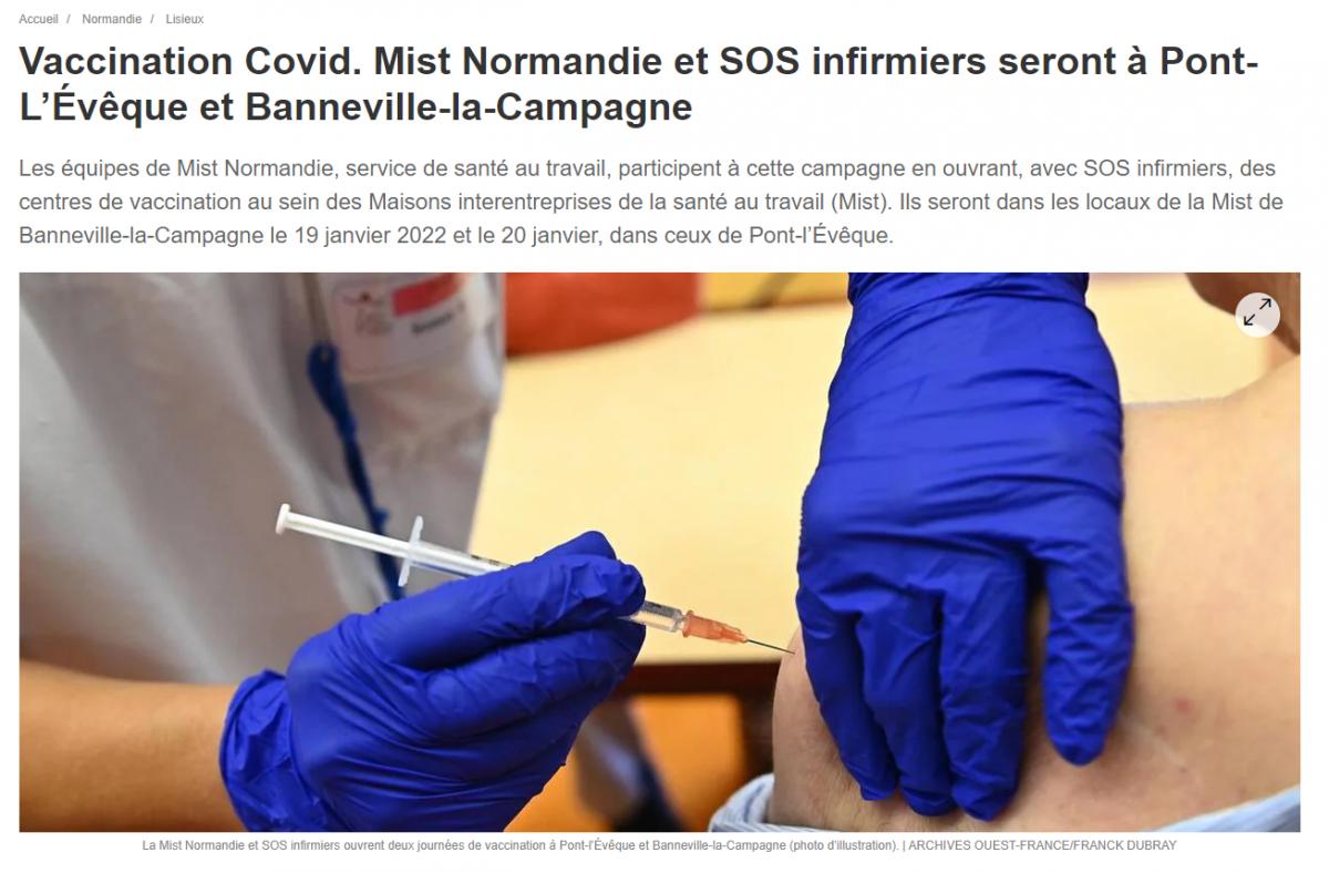 Article de Ouest-France : Vaccination Covid. Mist Normandie et SOS infirmiers seront à Pont-L’Évêque et Banneville-la-Campagne - La culture de la prévention